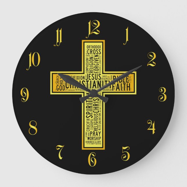 Christliches Goldkreuz - Textgestaltung Große Wanduhr (Vorderseite)