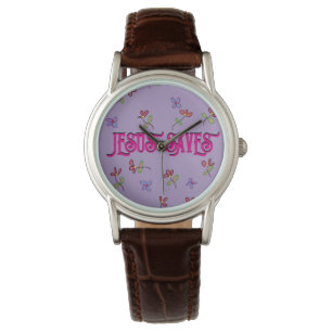Christliches ‚Jesus rettet‘ Blumenprint auf Lila Armbanduhr