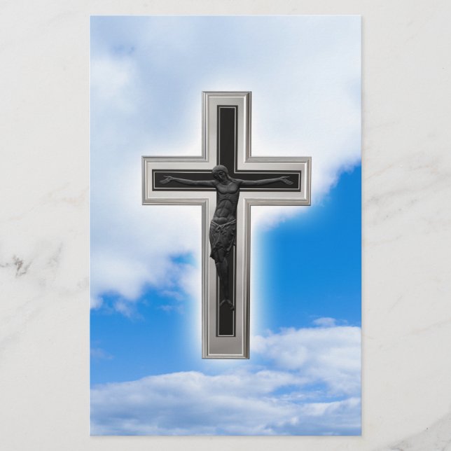 Christliches Kreuz am Hintergrund des blauen Flyer (Vorne)