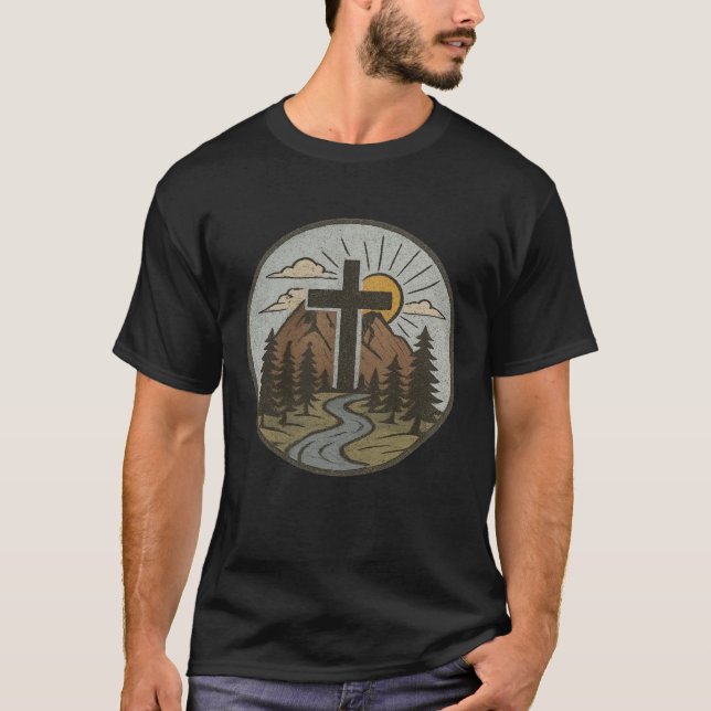 Christliches Kreuz Berge Fluss Sonnenaufgang Glaub T-Shirt (Vorderseite)