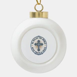 Christliches Kreuz Er regiert die Welt Keramik Kugel-Ornament