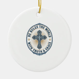 Christliches Kreuz Er regiert die Welt Keramik Ornament