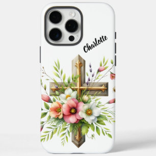 Christliches Kreuz hervorgehoben von floralem Früh iPhone 16 Pro Max Hülle
