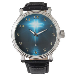 Christliches Kreuz im blauen Licht Armbanduhr