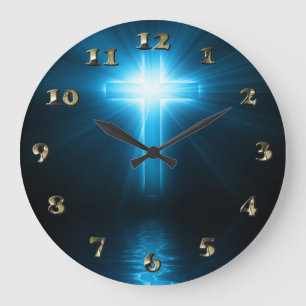 Christliches Kreuz in blauem Licht Große Wanduhr