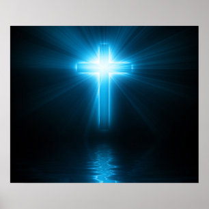 Christliches Kreuz in blauem Licht Poster