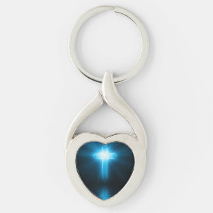 Christliches Kreuz in blauem Licht Schlüsselanhänger