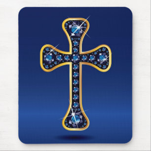 Christliches Kreuz mit Imitat "Saphir-" Steinen Mousepad
