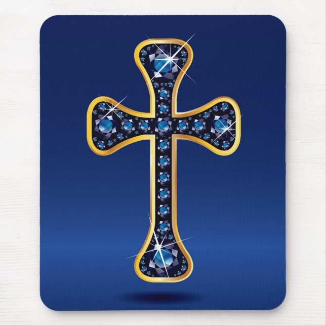 Christliches Kreuz mit Imitat "Saphir-" Steinen Mousepad (Vorne)