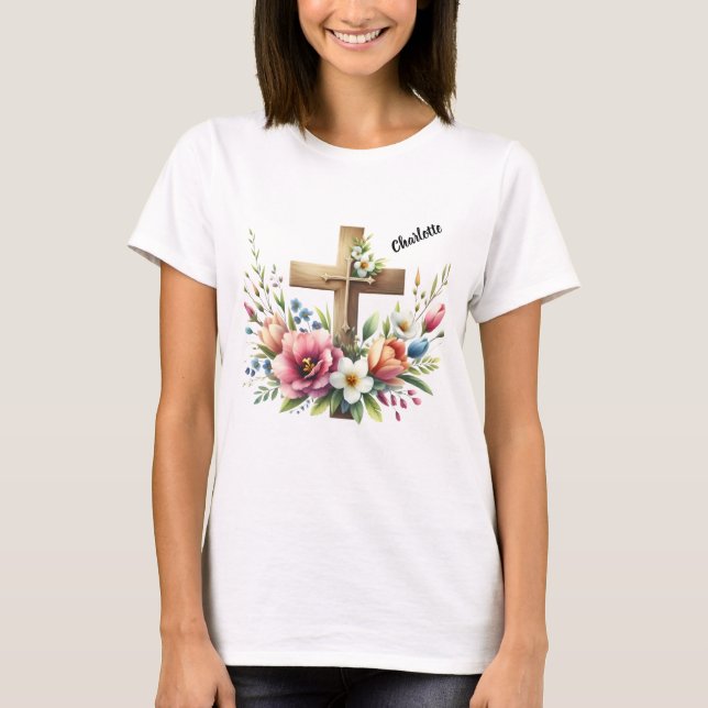 Christliches Kreuz mit lebendiger Blumenstruktur T-Shirt (Vorderseite)