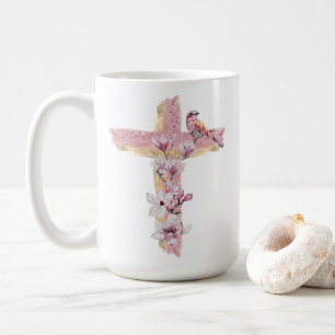 Christliches Kreuz mit rosa Magnolien Kaffeetasse