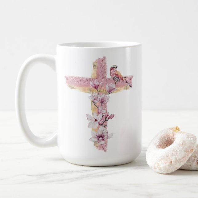 Christliches Kreuz mit rosa Magnolien Kaffeetasse (Mit Donut)