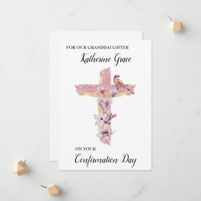 Christliches Kreuz mit rosa Magnolien personalisie Ankündigung (Vorderseite/Rückseite Beispiel)