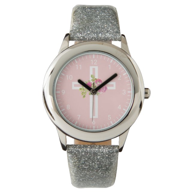 Christliches Kreuz mit rosa Rosen Armbanduhr (Vorderseite)