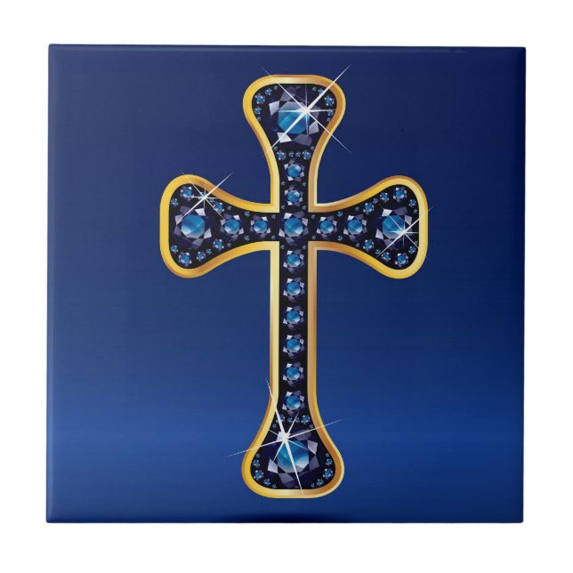 Christliches Kreuz mit "Sapphire"-Steinen Fliese (Vorderseite)
