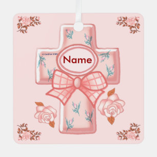 Christliches Kreuz-Ornament mit rosa Schleife Ornament Aus Metall