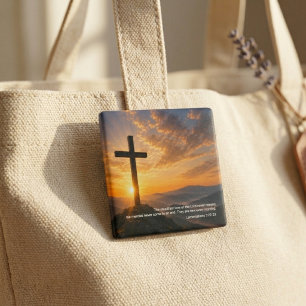 Christliches Kreuz-Schriftzug bei Sonnenaufgang Button