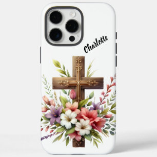 Christliches Kreuz umgeben von schöner floraler Ku iPhone 16 Pro Max Hülle