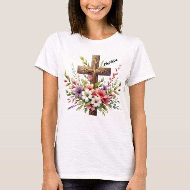 Christliches Kreuz umgeben von wunderschöner Blume T-Shirt (Vorderseite)