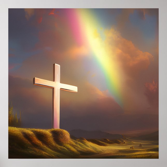 Christliches Kreuz und Regenbogen Poster (Vorne)