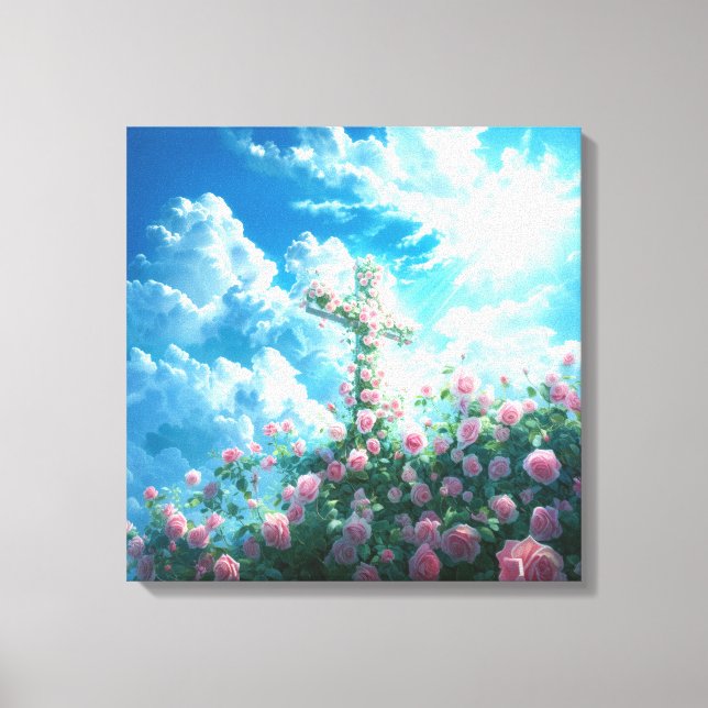 Christliches Kreuz und Rose auf dem Hügel Heiliger Leinwanddruck (Vorderseite)