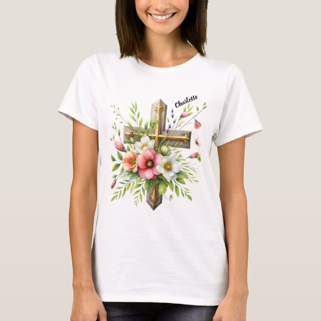 Christliches Kreuz von Floral Spring Halo hervorge T-Shirt (Vorderseite)