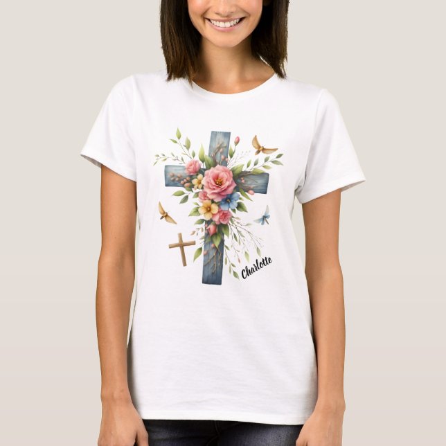 Christliches Kreuzgerüst, zartes Frühjahrsblüten T-Shirt (Vorderseite)