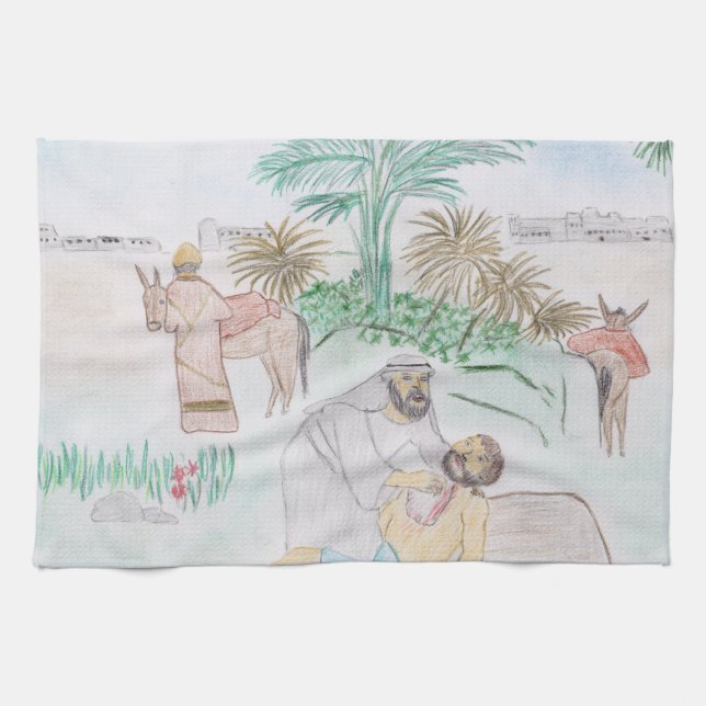 Christliches Kunstwerk Das gute Samariter Geschirrtuch (Horizontal)