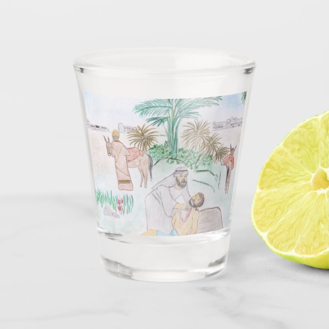 Christliches Kunstwerk Das gute Samariter Schnapsglas (Vorderseite)