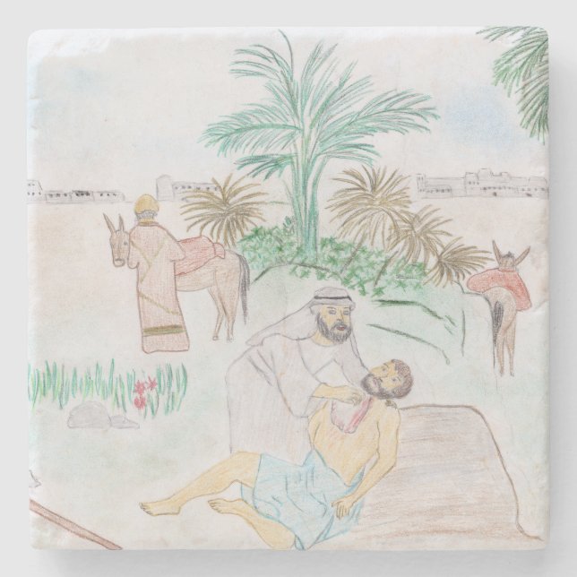 Christliches Kunstwerk Das gute Samariter Steinuntersetzer (Vorderseite)