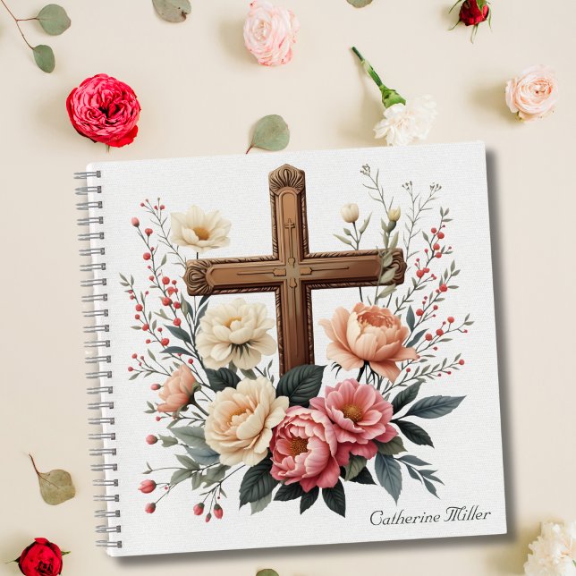 Christliches Notebook mit Blumenkreuz Notizbuch (Elegant Floral Catholic Cross Personalized Notebook)