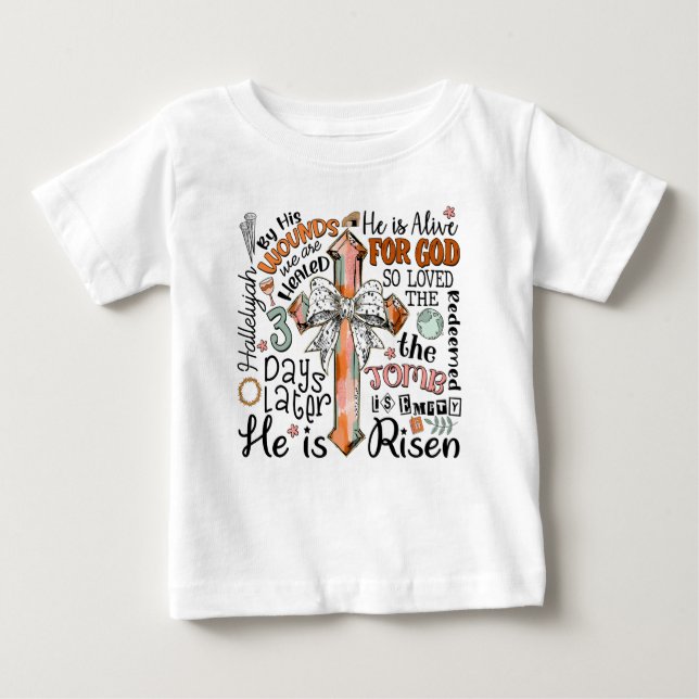 Christliches Osterkreuz Er ist Risen Baby T-shirt (Vorderseite)