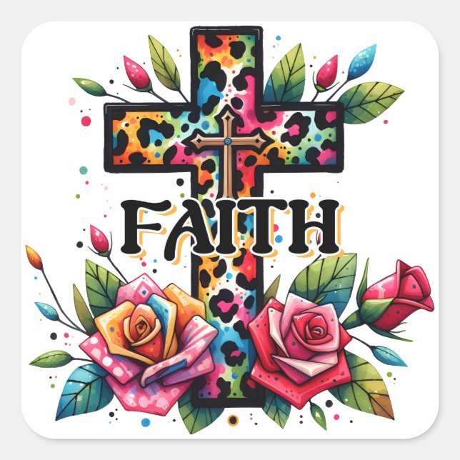 Christliches Rainbow-Faith Cross Quadratischer Aufkleber (Vorderseite)