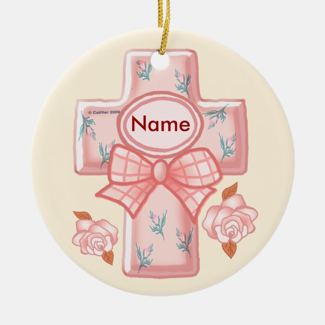 Christliches rosa Schleifen-Kreuz-Ornament Keramik Ornament (Vorne)