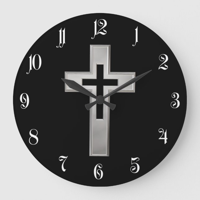 Christliches Silberkreuz Große Wanduhr (Vorderseite)