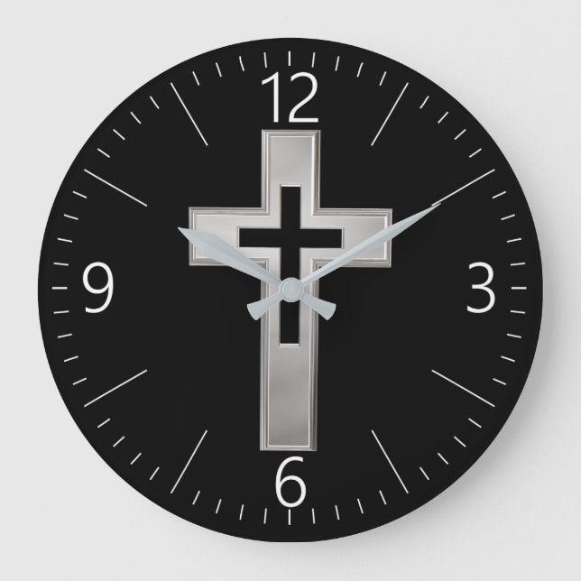 Christliches Silberkreuz Große Wanduhr (Vorderseite)