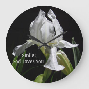 Christliches White Iris Lächeln! Gott Liebe dich! Große Wanduhr