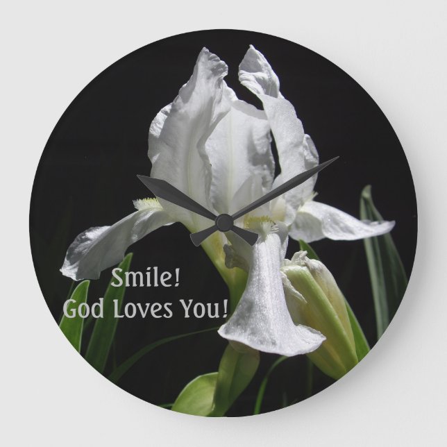 Christliches White Iris Lächeln! Gott Liebe dich! Große Wanduhr (Vorderseite)