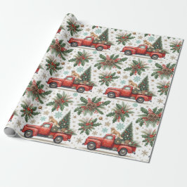 Christma Red Truck Dog & Holiday Greenery  Geschenkpapier