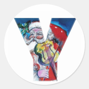 CHRISTMAI Y BRIEF / SANTA MIT VIOLIN MONOGRAM RUNDER AUFKLEBER