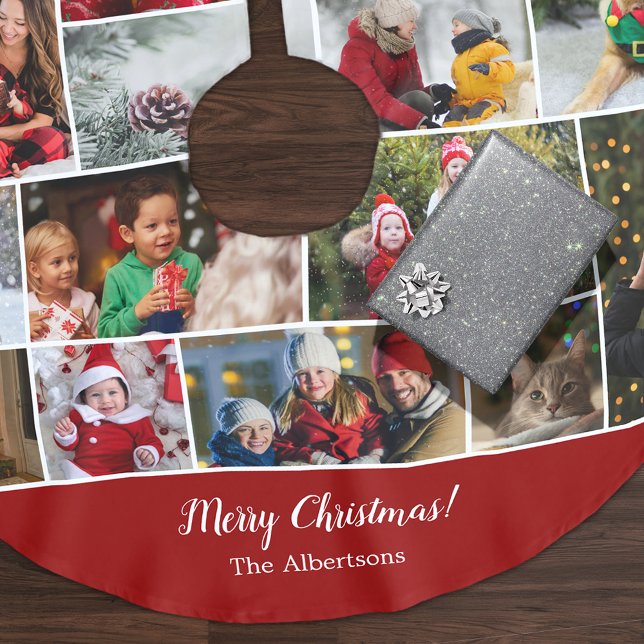 Christmas 16 Photo Collage with Family Name Red Polyester Weihnachtsbaumdecke (Von Creator hochgeladen)