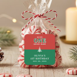 Christmas 1st Birthday Party Festive Red & Green Quadratischer Aufkleber