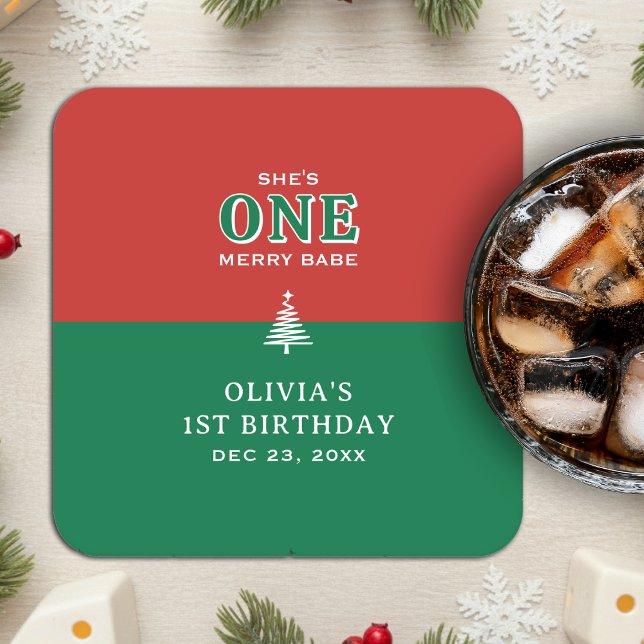 Christmas 1st Birthday Party Festive Red & Green Rechteckiger Pappuntersetzer (Christmas 1st Birthday Party Festive Red & Green Square Paper Coaster
)