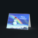 Christmas 3D Snowman Feiertagskarte<br><div class="desc">Weihnachtskarte mit meinem Urlaubssymbol eines niedlichen kleinen Schneemanns,  der vor einem Regenbogen stehend ist und einen roten Hut trägt und einen Bonbonstock trägt.</div>