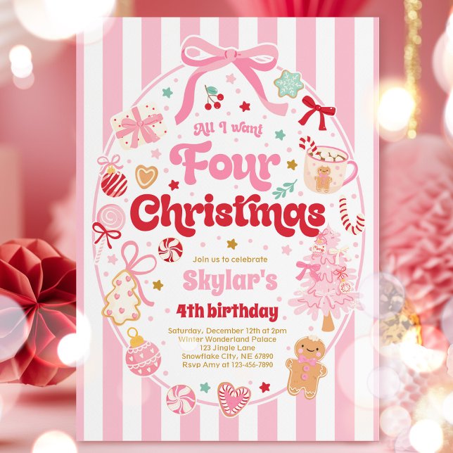 Christmas 4th Birthday Party Coquette Bow Birthday Einladung (Von Creator hochgeladen)