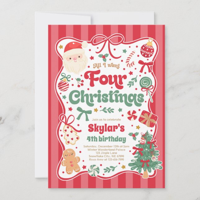 Christmas 4th Birthday Party Coquette Bow Birthday Einladung (Vorderseite)