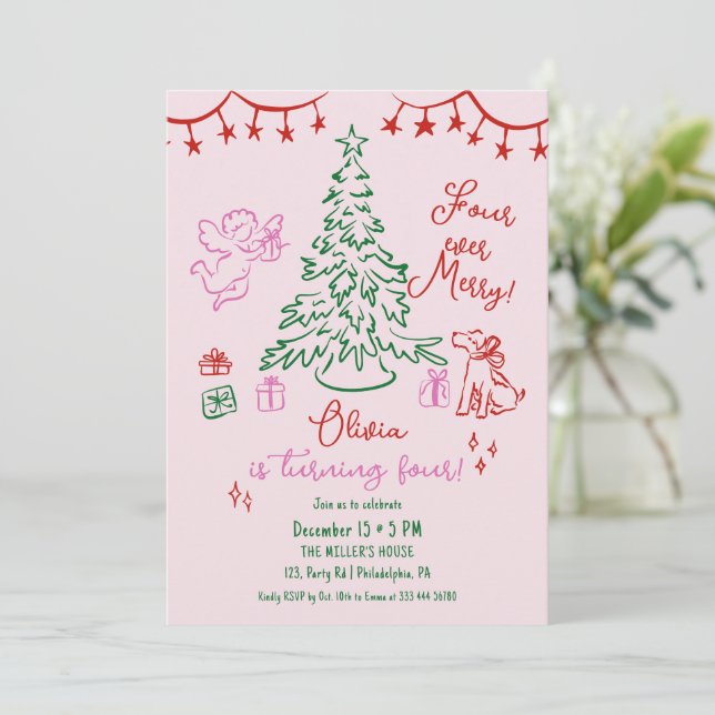Christmas 4th birthday whimsical tree ankündigung (Stehend Vorderseite)