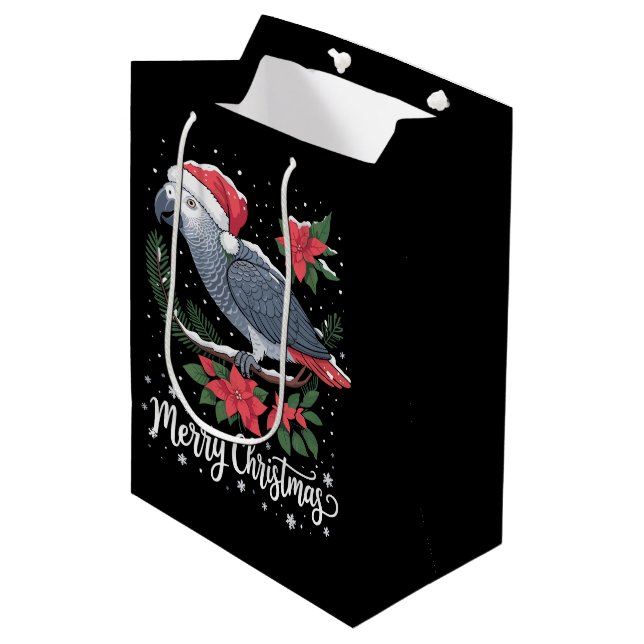 Christmas African Gray Parrot Mittlere Geschenktüte (Vorderseite Schrägansicht)