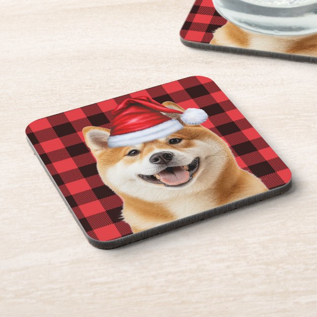 Christmas Akita Dog Red Buffalo Plaid Holiday Getränkeuntersetzer (Linke Seite)