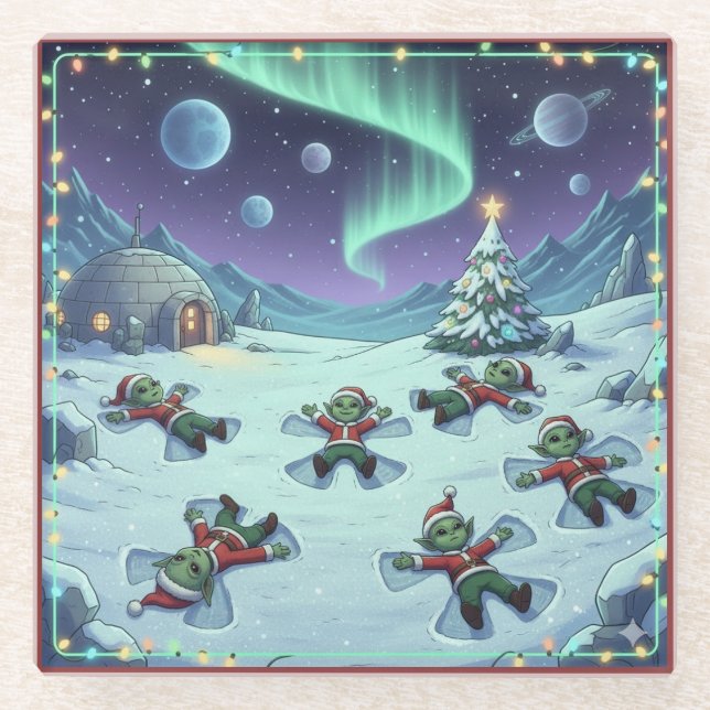 Christmas Alien Snow Angels, Glass Coaster Glasuntersetzer (Vorderseite)